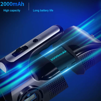 A 2000mAh portable power bank shown at an angle with glowing blue light effects and text highlighting high capacity and long battery life.