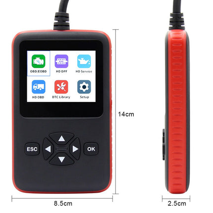 Car diagnostic tool with screen displaying icons on a white background