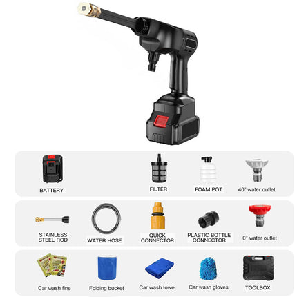Pressure washer with various attachments on a white background