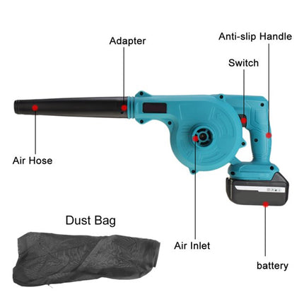 A cordless leaf blower with labeled parts including Air Hose, Adapter, Anti-slip Handle, Switch, Air Inlet, battery, and Dust Bag on a plain white background.