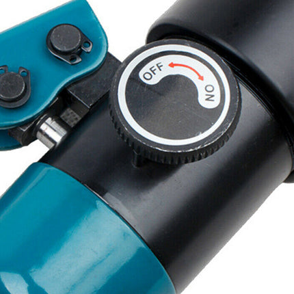 Close-up of a black and teal mechanical device with a round black switch labeled OFF and NO, on a white background.