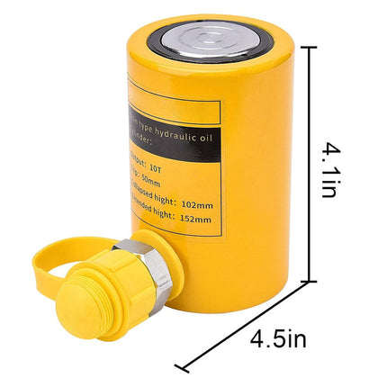 Yellow hydraulic oil filter canister with a matching cap placed beside it, shown on a white background with dimension lines indicating 4.1 in height and 4.