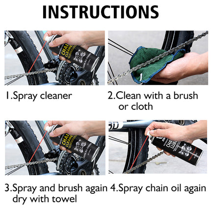 Step-by-step instructions for cleaning a bicycle chain with spray cleaner, brush, and oil.