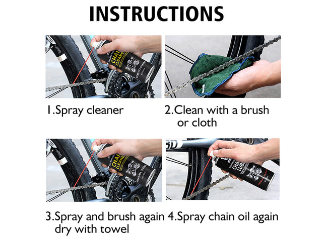 Step-by-step instructions for cleaning a bicycle chain with spray cleaner, brush, and oil.