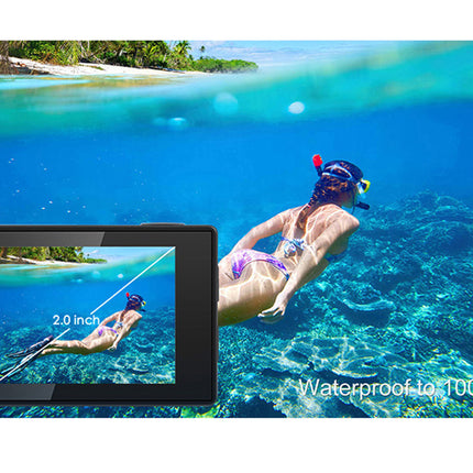 Woman snorkeling with a waterproof device displaying her image underwater.