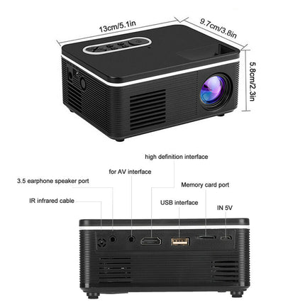 Black projector with labeled ports and dimensions on a white background