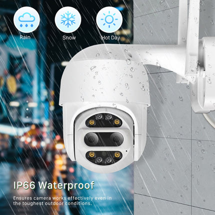 IP66 waterproof security camera on a tiled wall with weather icons indicating rain, snow, and hot day.
