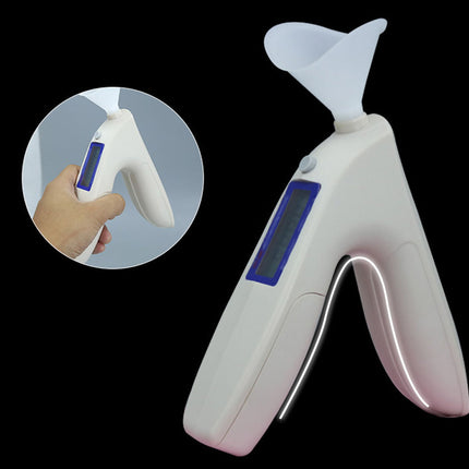 Digital measuring device with a hand holding it inset on a black background