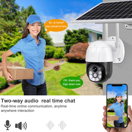 Woman delivering a package with a security camera and smartphone app interface in the background