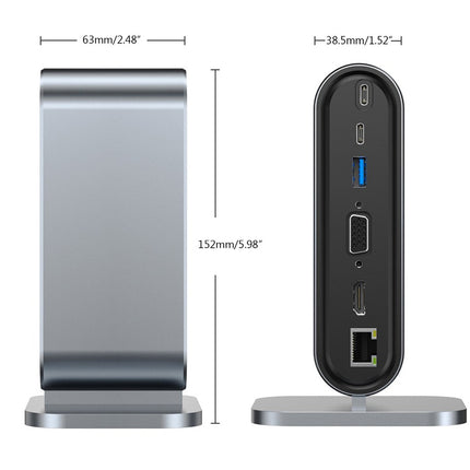 Docking station with dimensions labeled on a white background