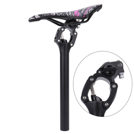 Bicycle seat post with saddle and clamp on a white background
