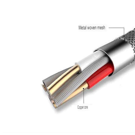 Close-up of a cable with metal woven mesh and copper core on a white background