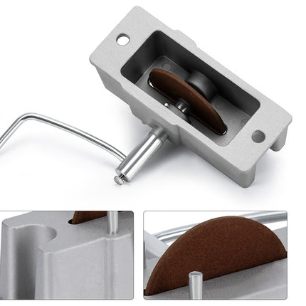 Metallic sink drain assembly with brown rubber washer on a white background