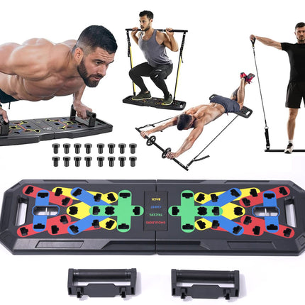 Multifunctional fitness trainer with various attachments and people using it for exercises on a white background.