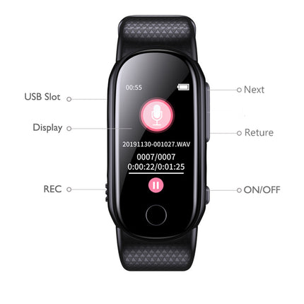 Black smartwatch with a textured band, shown on a white background with labeled callout lines pointing to features such as USB Slot, Display, REC, Next, Reture, and ON/OFF.