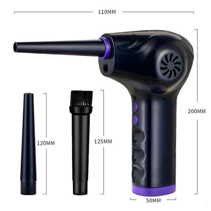 Black handheld hair dryer with attachments and measurements on a white background