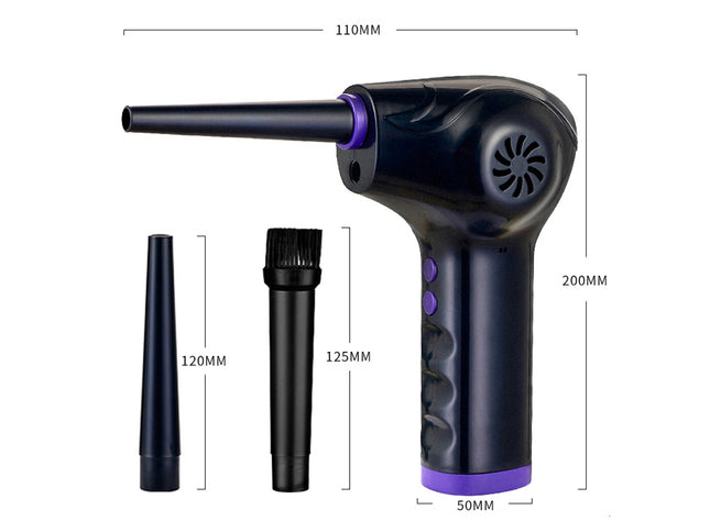 Black handheld hair dryer with attachments and measurements on a white background