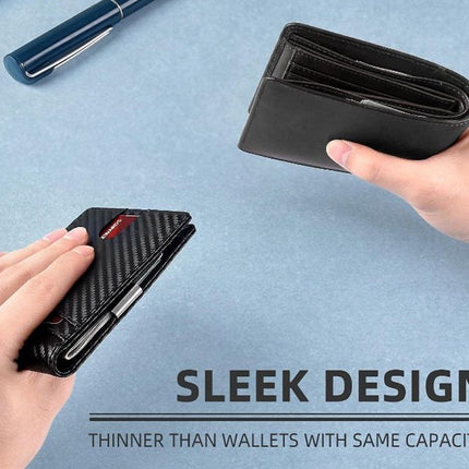 Black wallet being held by a hand with text 'Sleek Design' on a light blue background