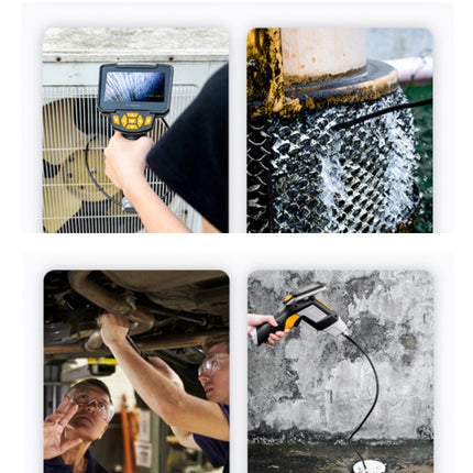 Collage of four images showing different scenarios: a person using a device on an air conditioner, water flowing from a pipe, a person working underneath a vehicle, and a person using a pressure washer.