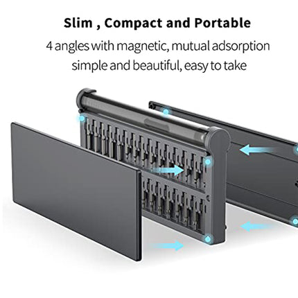 A slim black magnetic battery charger shown on a white background with promotional text and blue arrows highlighting its compact, portable design and four-angle view.
