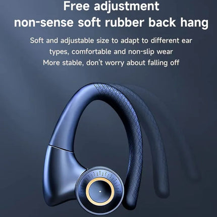 A dark blue wireless earbud with a curved hook design and a circular gold-and-silver control detail, shown against a dark blue background with promotional text about adjustable rubber back hangs.