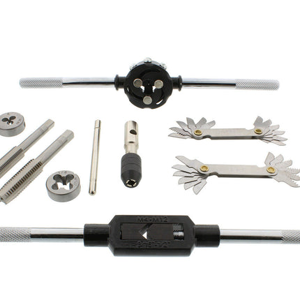 A metal thread tapping and cutting tool kit laid out on a white background, including a tap handle, die handle, tap bits, a center drill bit, a collar, and two leaf wrenches.