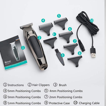 Hair trimmer set with attachments and packaging on a white background