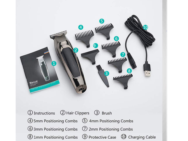 Hair trimmer set with attachments and packaging on a white background