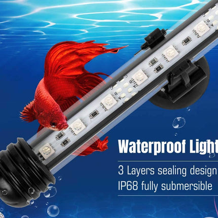 Aquarium light with a red fish on a blue underwater background
