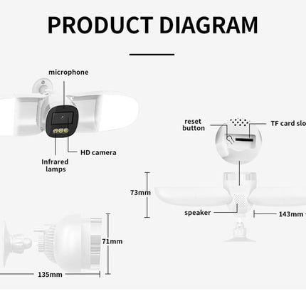 Diagram of a security camera with labeled parts and dimensions on a white background.