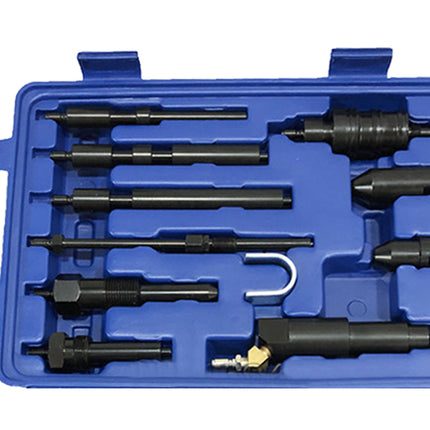 Set of black tools in a blue case on a white background