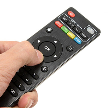 A close-up of a hand holding a black remote control with a textured finish, showing the directional pad and number keys against a plain white background.