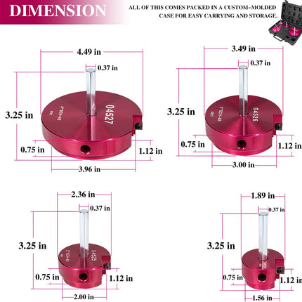 Dimensions of red cylindrical tools with measurement labels on a white background