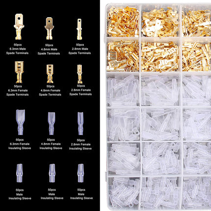 Assorted electrical connectors in a clear organizer with specifications on a black background
