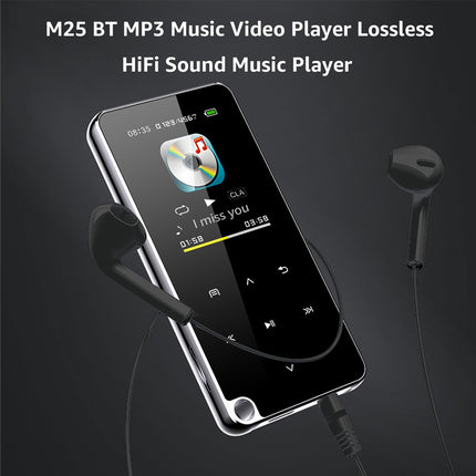 Black M25 BT MP3 music video player with a glossy screen, silver trim, and attached black earbuds on a dark background with promotional text at the top.