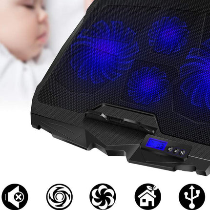 Black laptop cooling pad with blue LED lights on a white background