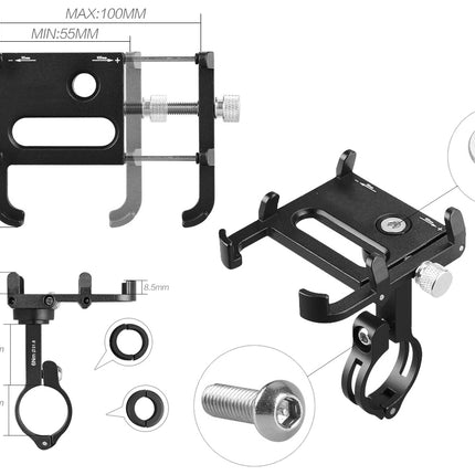 Technical diagram of a black metal bracket with dimensions and bolts on a white background