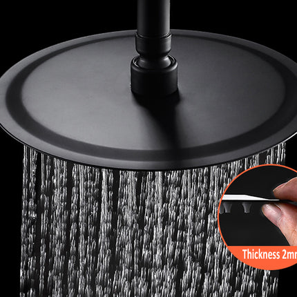 Black shower head with water droplets and a close-up of its thickness on a black background