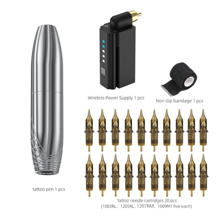 Tattoo pen set with power supply, bandage, and multiple needle cartridges on a white background