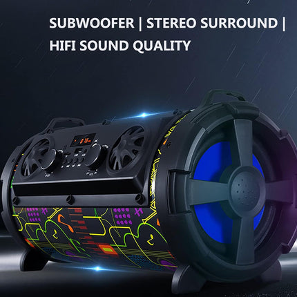 A portable cylindrical subwoofer speaker with a black body, glowing blue rear driver, and multicolor neon-style graphic patterns on the lower front. White text at the top reads 'SUBWOOFER | STEREO SURROUND | HIFI SOUND QUALITY' on a dark blue background.