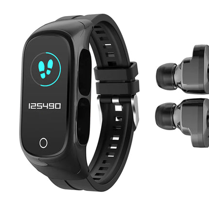 A black smart fitness wristband with a digital display showing a foot icon and step count, shown alongside two small black earbuds on a plain white background.