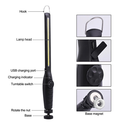 Black LED work light with labeled parts on a white background