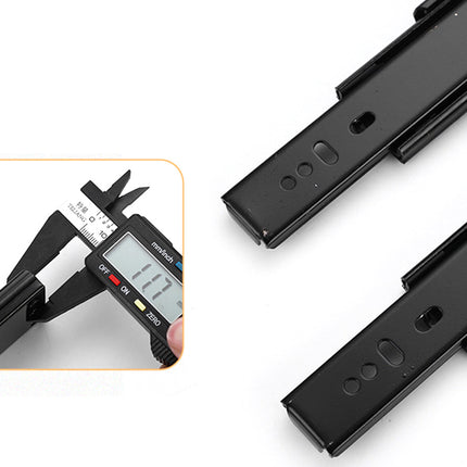 Black metal slide rail with digital caliper for measurement on a white background