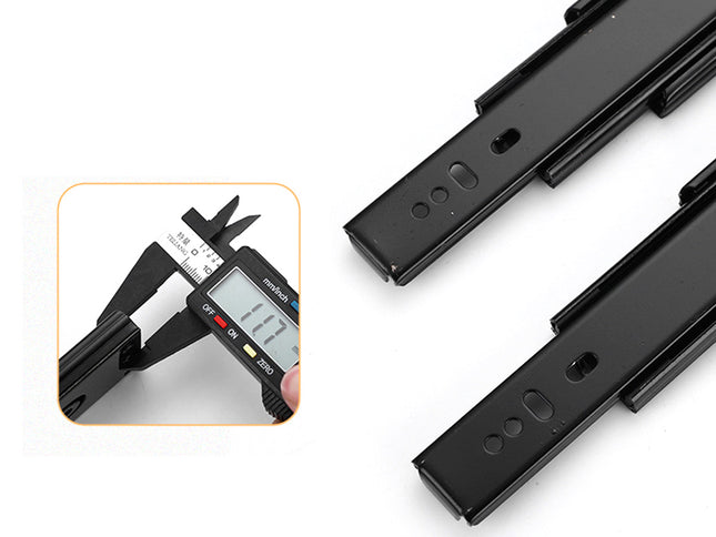 Black metal slide rail with digital caliper for measurement on a white background