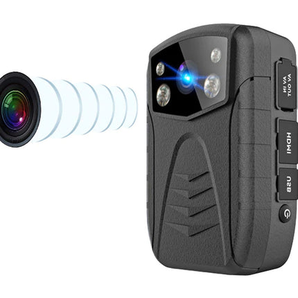 Black body camera with lens and buttons on a white background