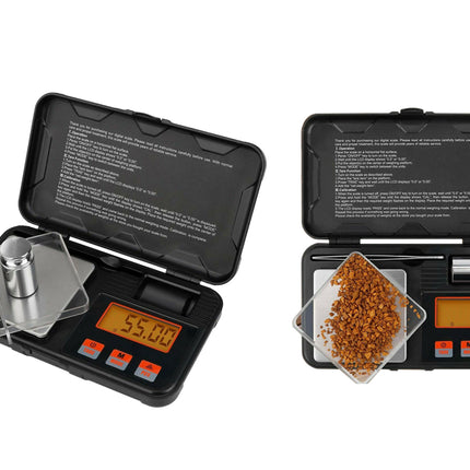 Digital scale with open case displaying measurement details on a white background