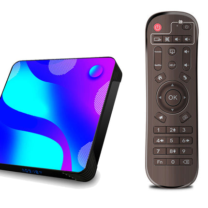 A modern smart TV streaming box with a colorful abstract blue, purple, and cyan gradient display, shown next to its dark brown remote control on a clean white background.