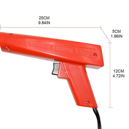 Red handheld device with dimensions labeled on a white background