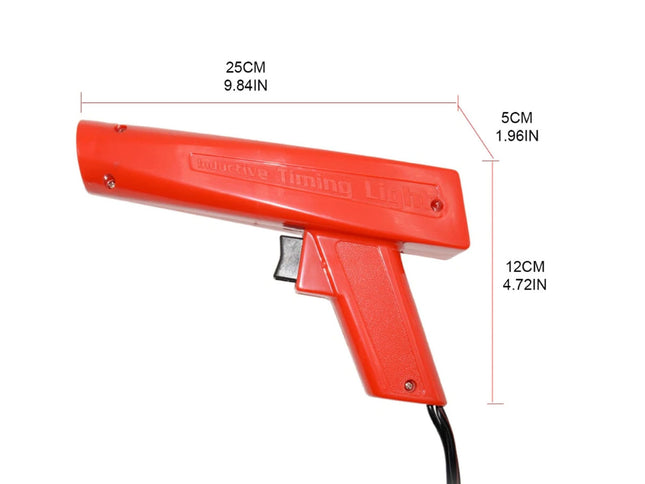 Red handheld device with dimensions labeled on a white background