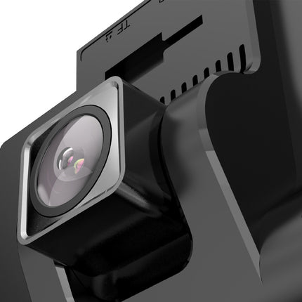 Close-up of a black and silver automotive camera module with a clear lens, shown against a white background.